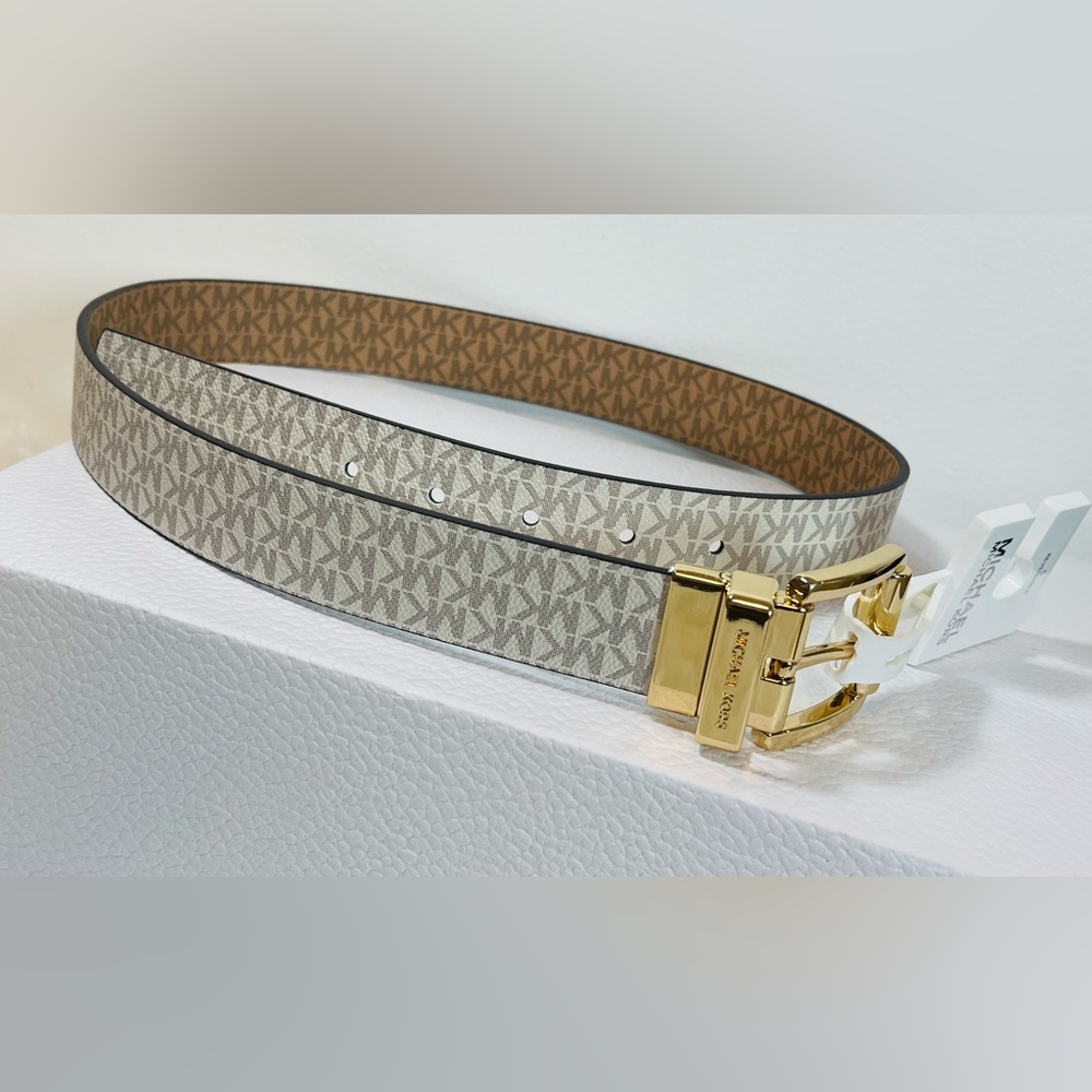Michael Kors Small Reversible MK Logo Belt in Vanilla and Tan with Gold Buckle